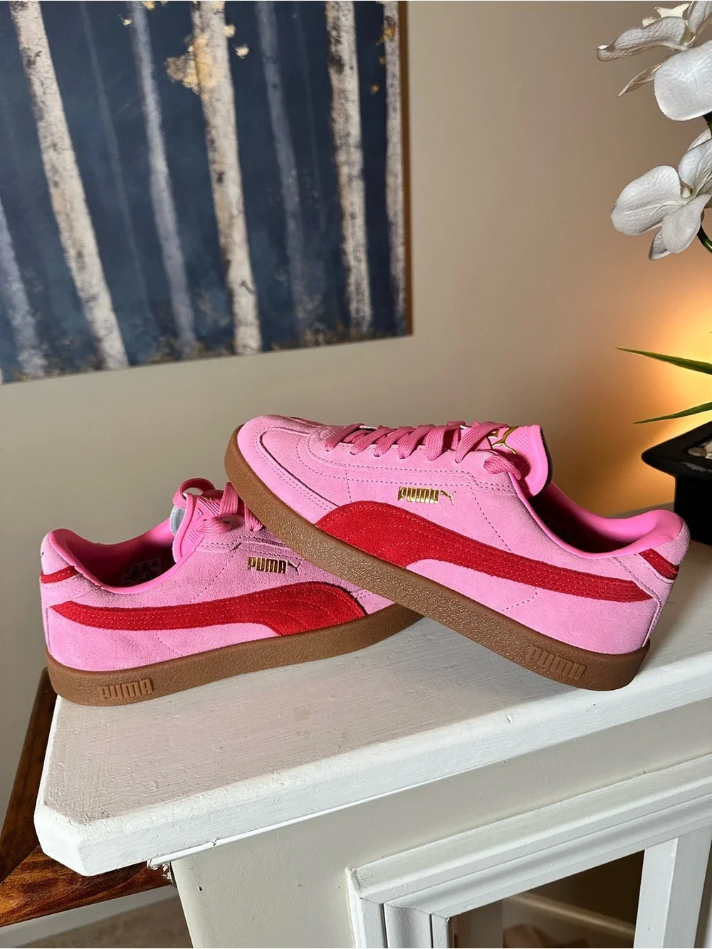 Puma Kids Pink Suede Sneakers with Red Formstrip
